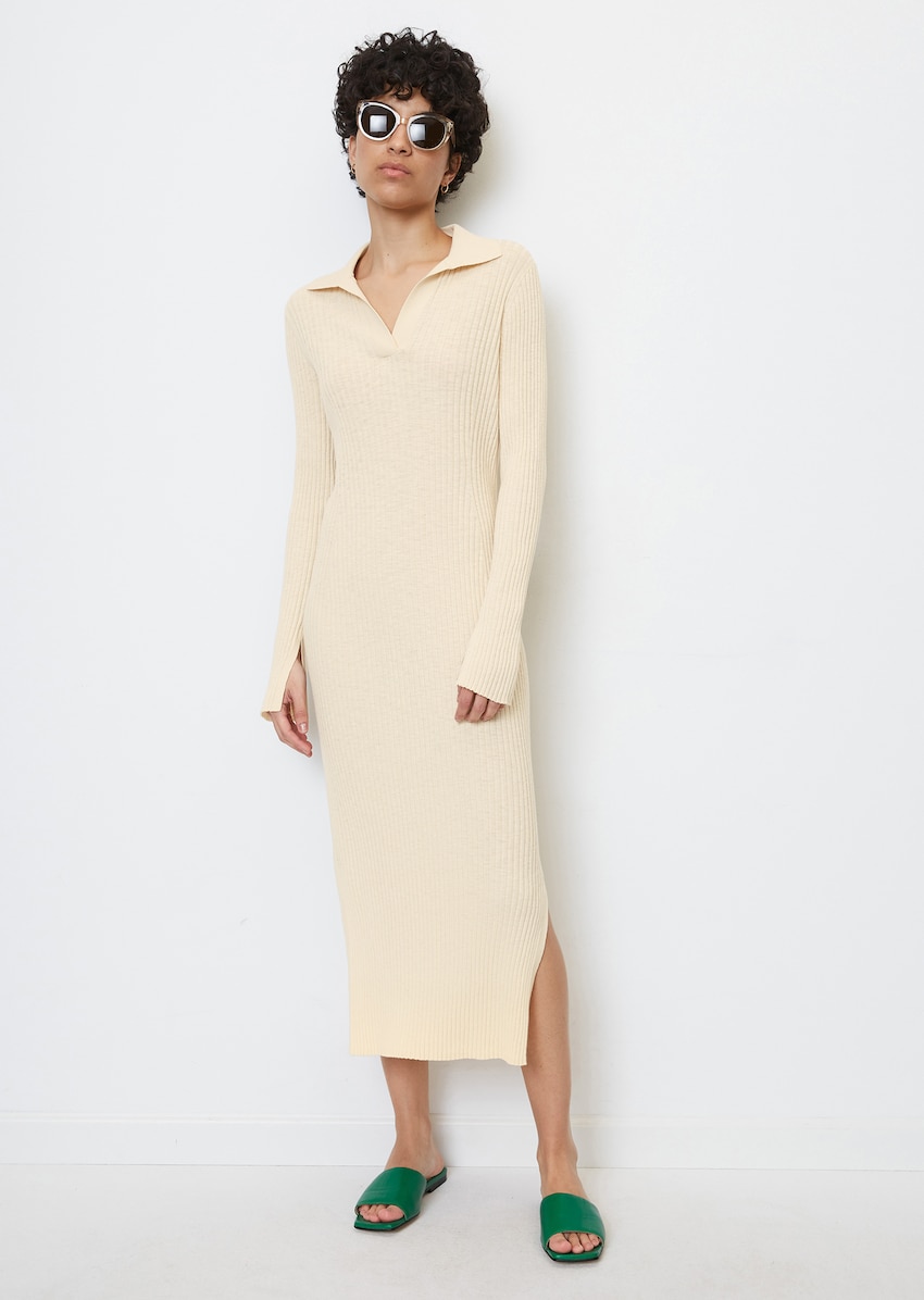 Rippstrick-Kleid mit Polokragen aus Organic Cotton-Leinen-Mix - | Strickkleider | MARC O'POLO