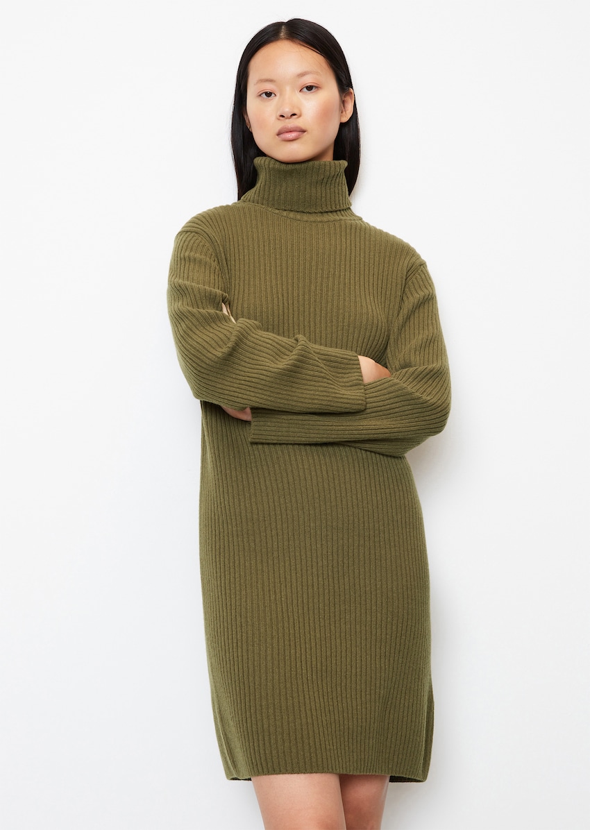 Ribbed knit dress with turtleneck from virgin wool-cotton mix - green, Knitted  dresses