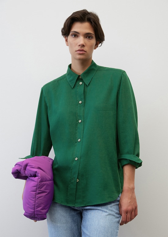 Classic blouse in a regular fit in cotton-satin - green | Long-sleeve ...