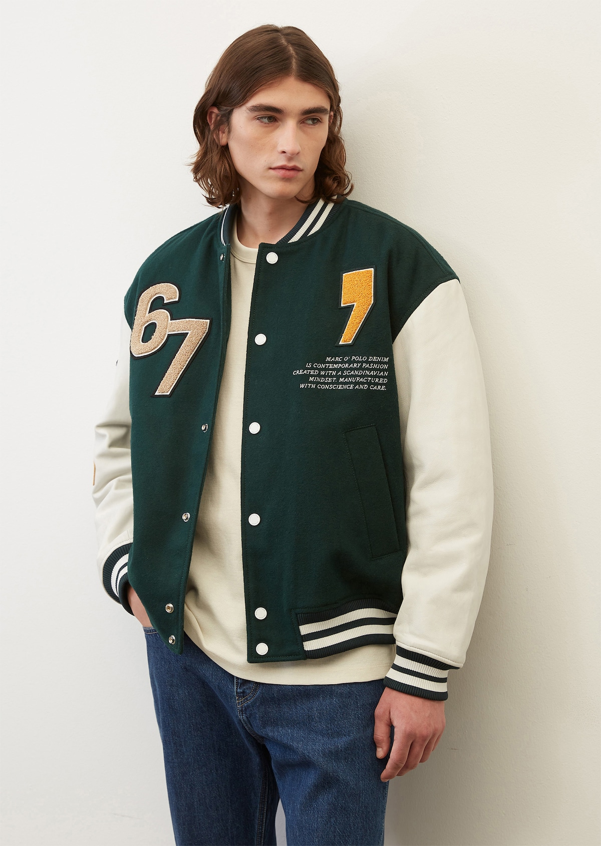 Relaxed College Jacket With Soft Lamb Leather Sleeves Green Jackets