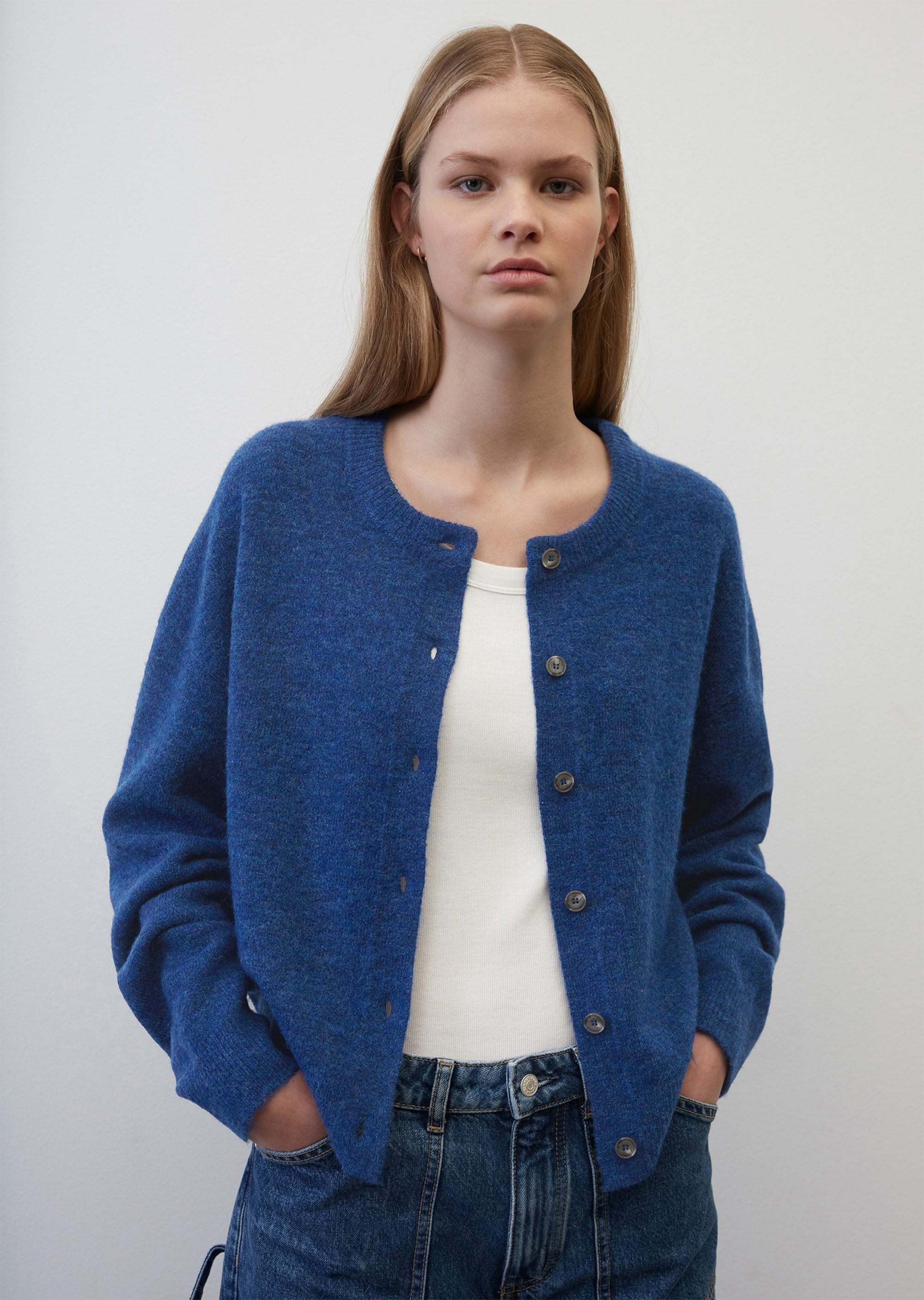 Round neck cardigan in soft blended new wool and alpaca wool - blue ...
