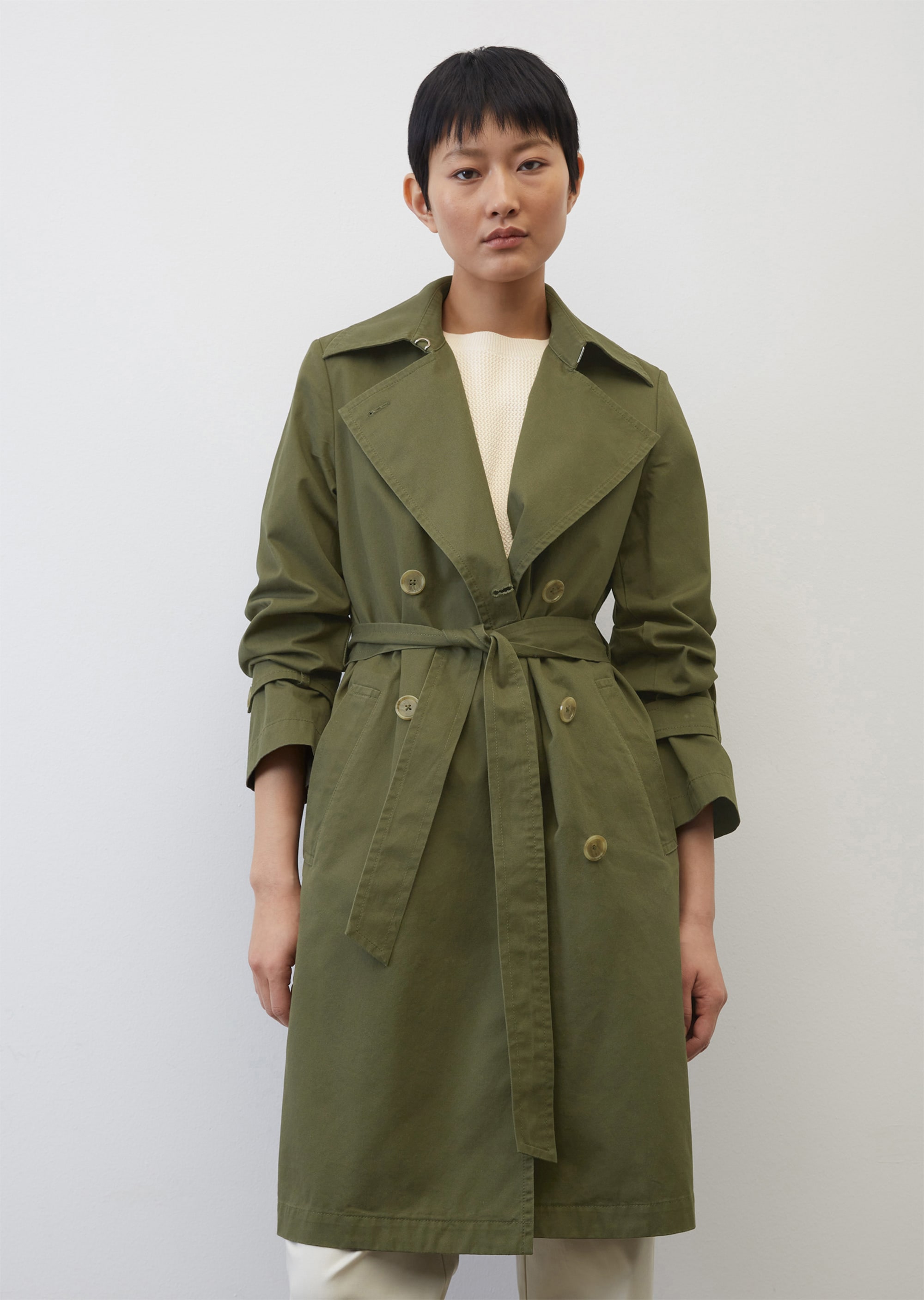 Knee-length trench coat made from organic cotton twill - green | Trench  Coats | MARC O'POLO