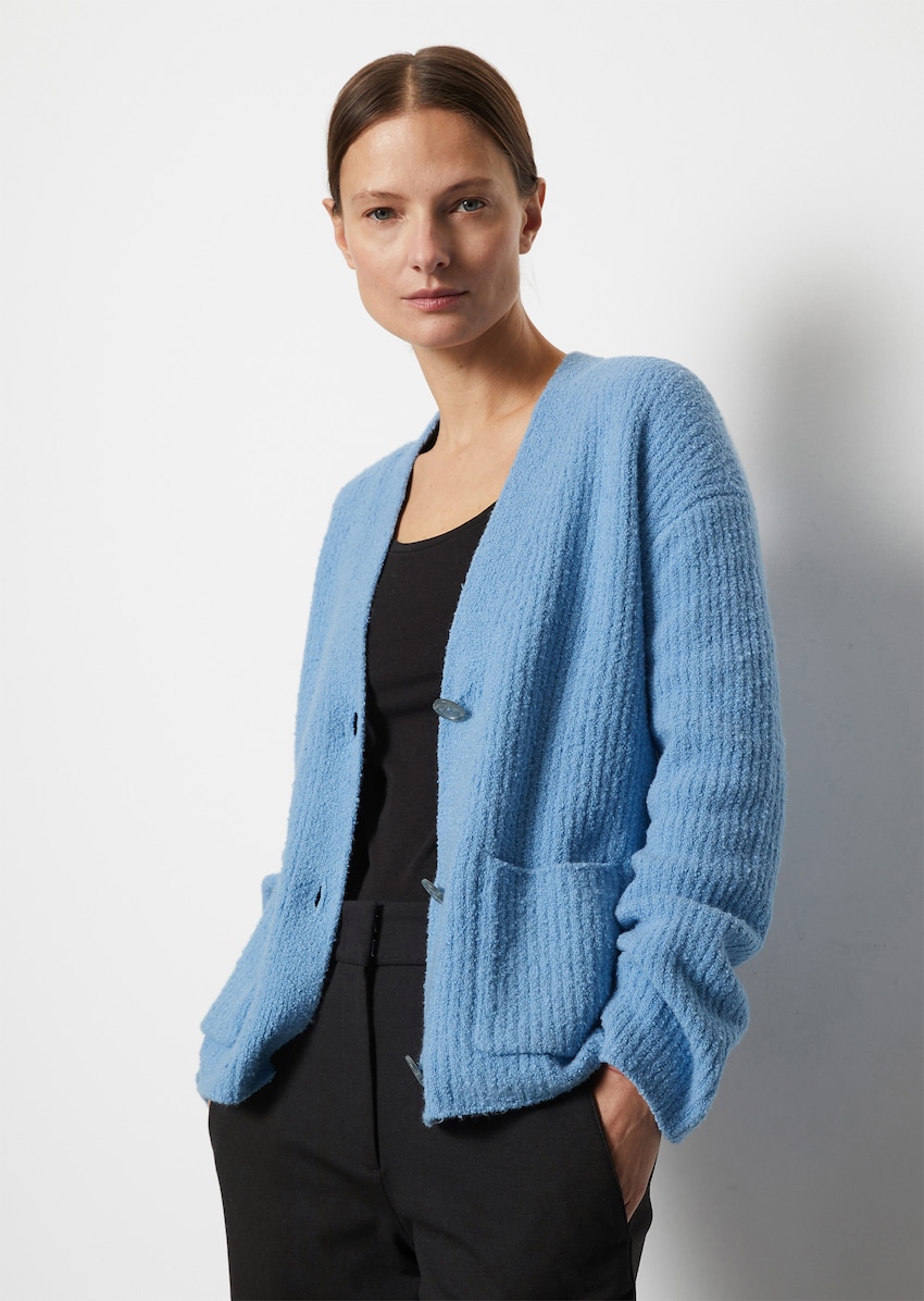 V-neck cardigan loose made from soft bouclé yarn - blue, Knitted jackets