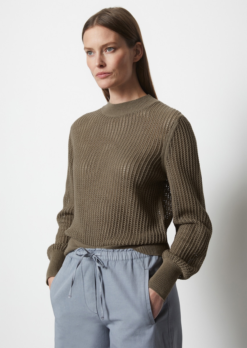 Openwork knit jumper in a slim fit made of an organic cotton and linen  blend - brown | Knitted pullover | MARC O\'POLO